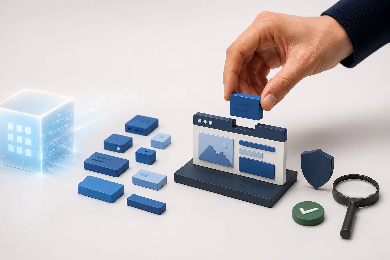 AI supplies building blocks while a person chooses and assembles a stable solution