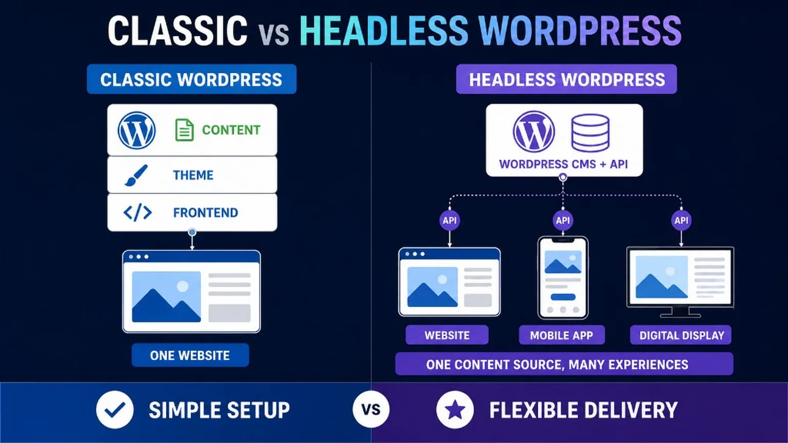 Comparison of classic WordPress and headless WordPress architectures, showing content delivery through an API to multiple platforms.