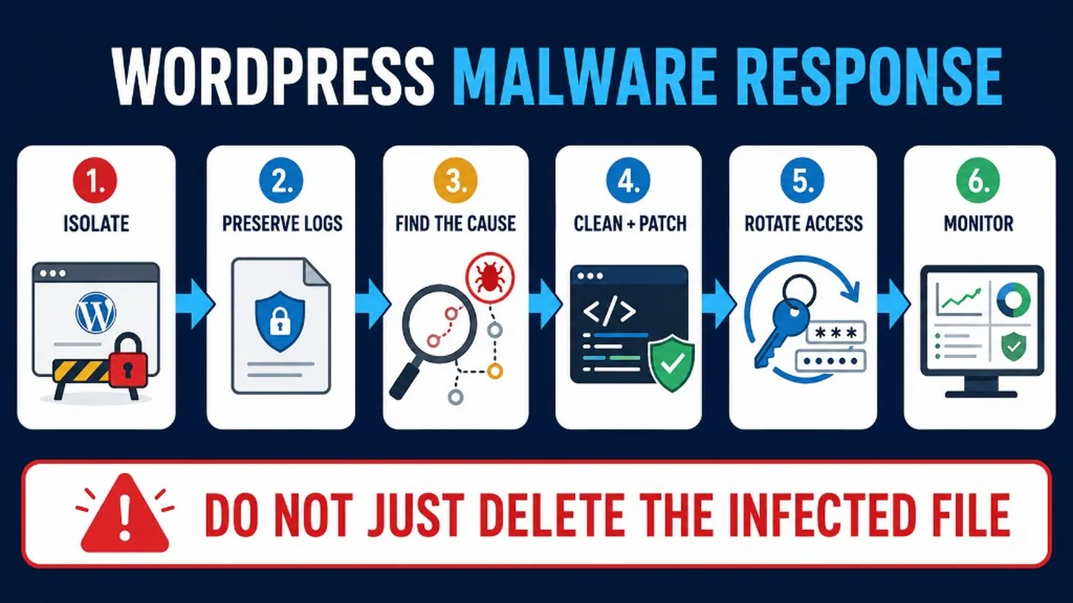 WordPress malware incident-response process covering detection, site isolation, backup, scanning, cleanup, credential changes, and security monitoring.