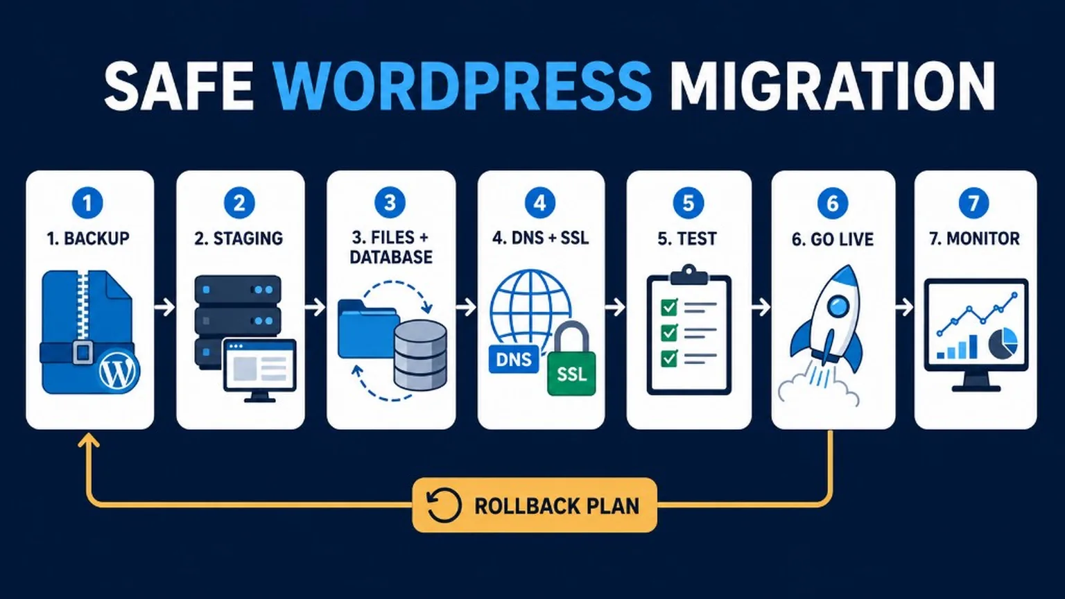 WordPress migration workflow showing preparation, backup, file and database transfer, testing, DNS changes, and post-migration monitoring.