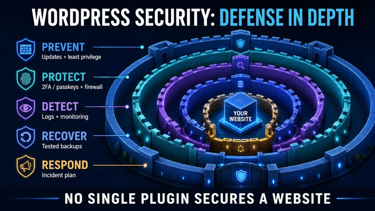 WordPress defense-in-depth model with prevention, protection, detection, recovery, and incident-response layers surrounding a website.